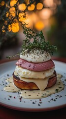 Wall Mural - Delicious Eggs Benedict with ham, hollandaise sauce, and thyme garnish on a white plate.