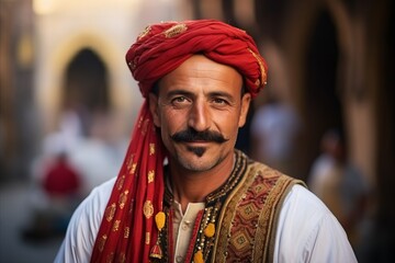 Portrait of a handsome Indian man with red turban and beard