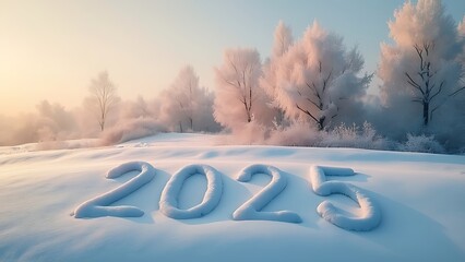 Wall Mural - 2025 written in the snow, winter holidays, landscape greeting card