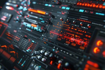 Poster - Futuristic control panel displaying complex data analysis and information processing with glowing indicators and buttons