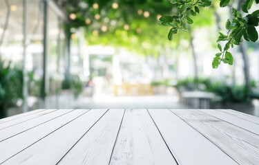 white wooden table with blurred outdoor cafe background.