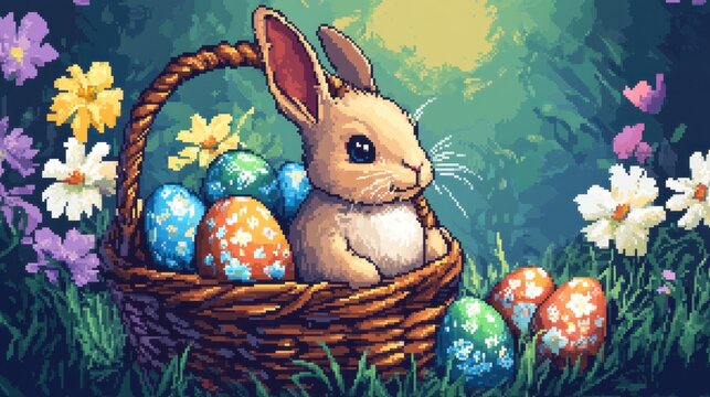 A 16-bit bunny sitting in a basket of Easter eggs with pixelated flowers blooming around.
