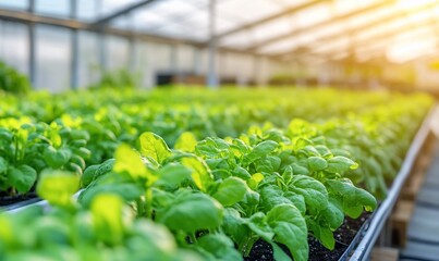 Wall Mural - Lush green spinach plants growing in a greenhouse with sunlight.