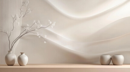 Wall Mural - minimalist interior design with a round platform and dried flowers draped silk curtain background wi