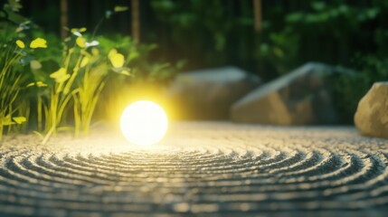 Poster - Serene Zen Garden Glowing Softly Under Moonlight with Peaceful Atmosphere