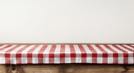 Red checkered tablecloth on wooden table against white wall. (3)