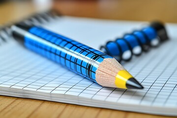 Blue pencil rests on a gridded notepad