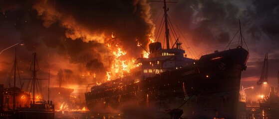 A ship ablaze at night in a port, flames lighting up the deck, while smaller vessels nearby are unharmed. People and dark sky add to the dramatic scene.