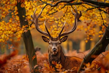 Poster - Red deer stag with large antlers standing among colorful fall foliage in a serene woodland setting