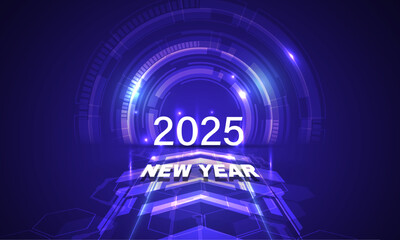 Fototapete - 2025 with Blue circuit board background with neon light text and symbols illustration for new technology concept design