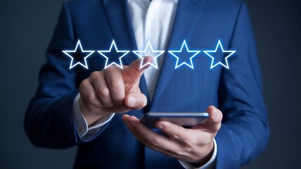 Poster - Man in Blue Suit Uses Smartphone, Giving Five-Star Rating, Positive Feedback, Mobile App Review, Excellent Service