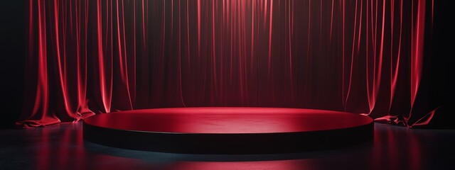 Poster - Red velvet curtain backdrop with illuminated circular stage.