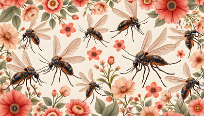 Wall Mural - seamless radiant mosquito texture for fabric featuring overlapping motifs intertwined with floral el