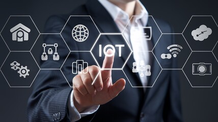 Poster - IoT Technology and Wireless Connectivity: Businessman Interacting with Smart Interface