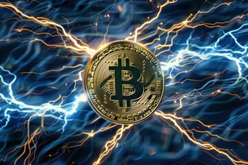 Poster - Golden bitcoin surrounded by blue and orange lightning, suggesting the power and volatility of cryptocurrency