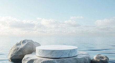 Poster - white marble podium on rocks by calm sea under cloudy sky.