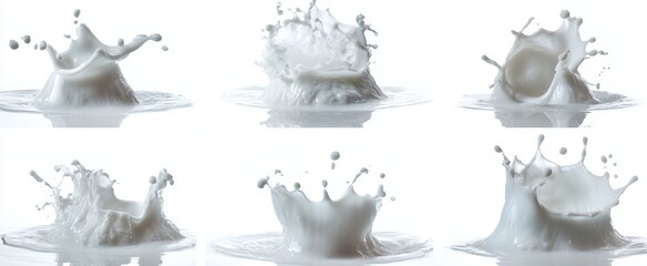 Six milk splashes isolated on white background.