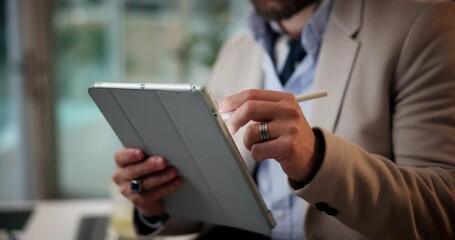 Aufkleber - Man, hands and tablet for office media, journalist scroll and article research on fashion. Male person, stylus pen and client quote for information on style trend, communication and news agency