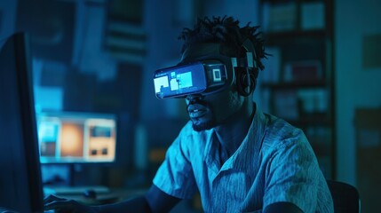 Poster - african trader working inside office at night time wearing virtual reality headset - trading and tec