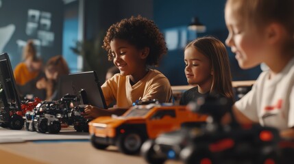 Aufkleber - diverse school children students build robotic cars using computers and coding. happy multiethnic ki