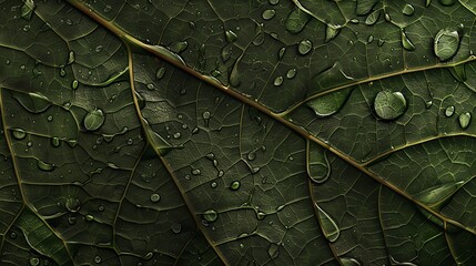 Wall Mural - a close-up of a green leaf with water droplets on it.