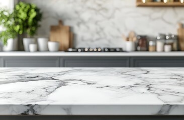 White marble countertop with blurred modern kitchen background.