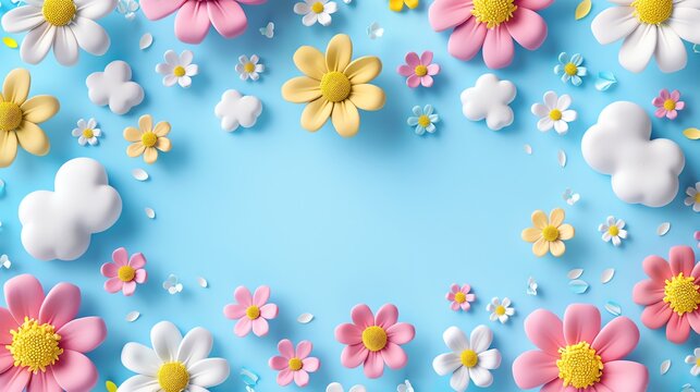 A frame of colorful 3D flowers and clouds on a blue background.