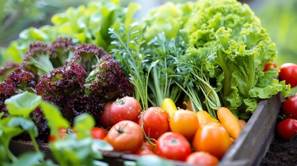 Wall Mural - Fresh vegetables in a wooden crate.