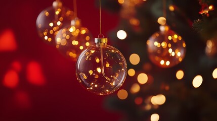 Wall Mural - Christmas glass balls with golden lights inside hanging on a decorated tree against a red bokeh background, creating a festive holiday atmosphere.


