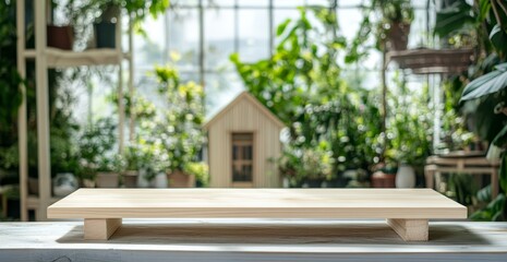 Wall Mural - Empty light wooden shelf against blurred garden background.