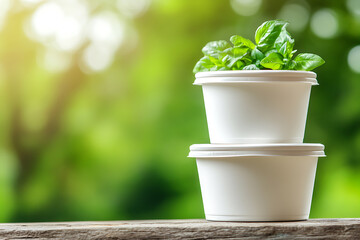 Wall Mural - White Food Containers with Fresh Basil in Nature