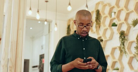 Poster - Man, phone and typing in office for business, calendar update or email message. African designer, mobile or walking in creative agency for networking, agenda or check app for company news information