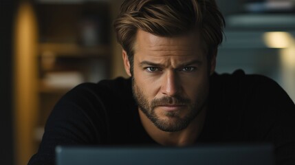 Poster - A business professional sits at a sleek workspace, deeply focused on a virtual meeting on his laptop. The modern environment suggests a blend of professionalism and creativity