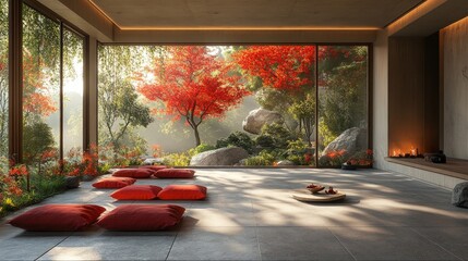 Wall Mural - Serene autumnal room; red cushions, garden view.