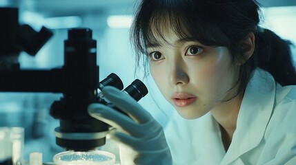 Poster - a dedicated scientist in a white lab coat meticulously analyzes specimens under a microscope in a co