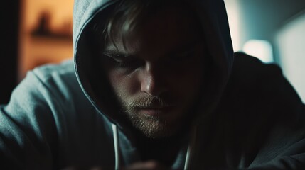 Poster - Male hacker in hoody using computer in dark room