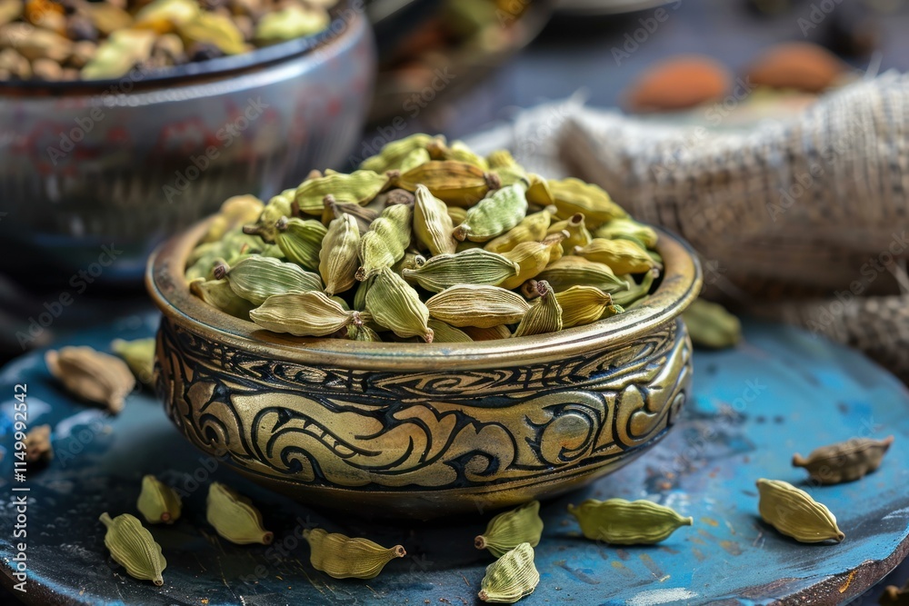 Aromatic green cardamom pods spilling from an ornate brass bowl ...