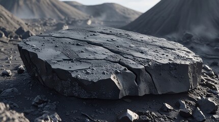 Wall Mural - Rugged volcanic rock with a porous texture, deep black and gray tones, natural rough edges, detailed surface cracks, surrounded by ash and debris, set in a realistic outdoor volcanic landscape