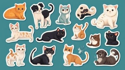  Domestic cats and dogs cute stickers set. Cute sticky labels decorated with cartoon image. Signs, symbols, objects of pets. Flat Art Rastered Copy Illustration