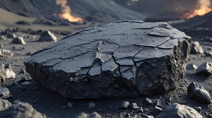 Wall Mural - Rugged volcanic rock with a porous texture, deep black and gray tones, natural rough edges, detailed surface cracks, surrounded by ash and debris, set in a realistic outdoor volcanic landscape