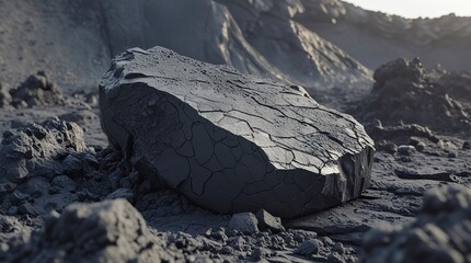 Wall Mural - rugged volcanic rock with a porous texture, deep black and gray tones, natural rough edges, detailed