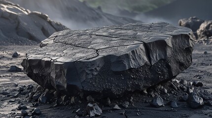 Wall Mural - rugged volcanic rock with a porous texture, deep black and gray tones, natural rough edges, detailed