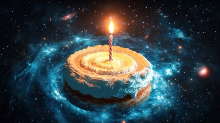 Wall Mural - a whimsical cake floats in space, adorned with a glowing candle amidst cosmic elements.