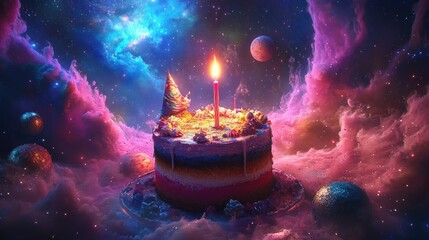 Wall Mural - a colorful birthday cake with a candle, set against a cosmic space background.