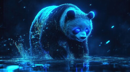Wall Mural - a glowing panda wading through water, illuminated by blue light in a dark environment.