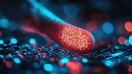 Poster - Close up of businessman thumb pointing at abstract glowing id fingerprint web protection and security interface on blurry blue bokeh city background. Identification, cybersecurity and privacy concept