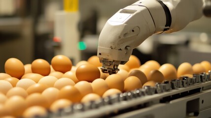 Poster - A close-up of a robotic arm handling eggs on a production line, illustrating the intersection of automation and food processing.