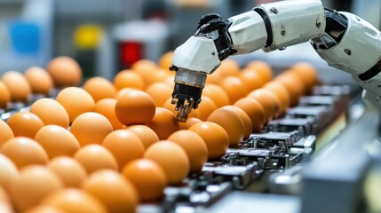 Poster - A close-up of a robotic arm handling eggs on a production line, illustrating the intersection of automation and food processing.