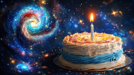 Wall Mural - a whimsical cake with a candle against a cosmic background, symbolizing celebration and wonder.