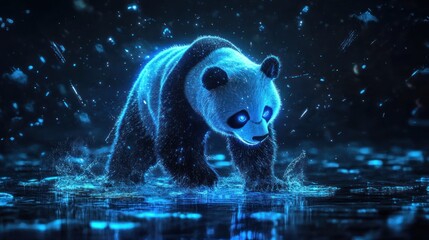Wall Mural - a glowing panda wading through water, surrounded by a mystical, illuminated atmosphere.